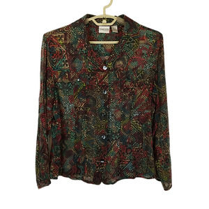 Chicos Womens Top 2 Size 12 L Multicolor Geometric Sheer Button Up 100% Silk